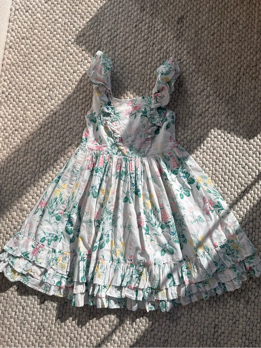 Janie and Jack White Floral Ruffle Sundress with Green, Pink & Yellow Print
